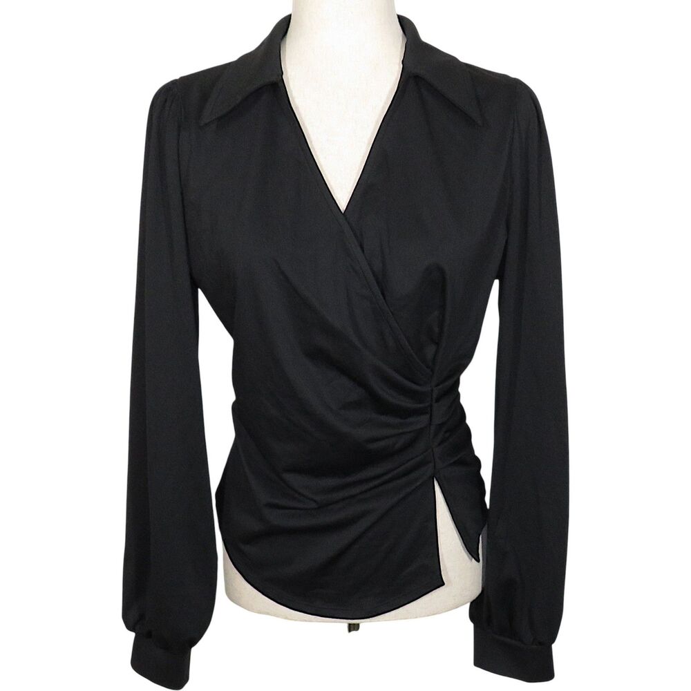 Halara Black Stretchy Long Sleeve Shirred Wrap Look Top Size Large